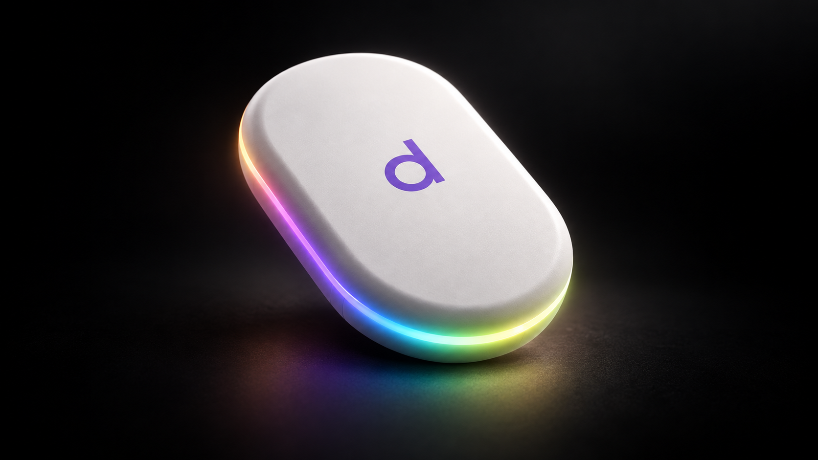 White Deciphr wearable with a purple d and illuminated spectral edge